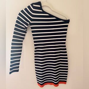 BCBGMaxAzria Black and White Striped One-Shoulder Dress with Coral Hem